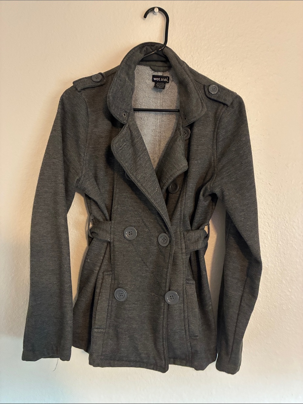 Wet Seal Gray Double-Breasted Pea Coat with Belt